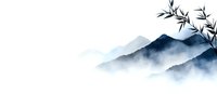 Minimalist Asian landscape watercolor painting with misty blue mountains and bamboo leaves silhouette on white background, traditional oriental art style.