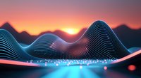 Futuristic wavy landscape with glowing blue lines against orange sunset sky and mountain silhouettes, scattered luminous particles create magical atmosphere.
