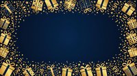 Golden gift boxes and confetti border frame on dark navy background, ideal for holiday greeting cards and festive promotional banners.