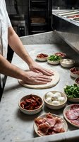 Professional chef preparing fresh pizza dough in commercial kitchen with assorted toppings including mozzarella, prosciutto, salami and arugula ready for cooking.