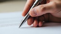 Close-up of hand holding silver pen writing on white paper document. Business professional signing contract or agreement in office setting.