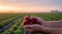 Fresh ripe strawberries cupped in farmer hands at sunset over agricultural field rows. Organic berry harvest concept for healthy eating and farm produce.