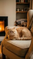 Fluffy orange Persian cat resting on cozy armchair by warm fireplace in comfortable living room interior with wooden shelves and soft lighting.