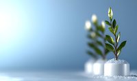 Young green plant sprout growing from white pot with crystal soil on blue gradient background with copy space, growth and sustainability concept.