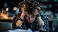 Young Caucasian man with curly hair showing signs of stress while working on laptop in dimly lit cafe, hands clutching head in frustration.