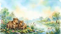 Capybaras resting by riverbank with lush vegetation and water landscape, suitable for wildlife illustrations, children's books, nature designs, and educational materials.