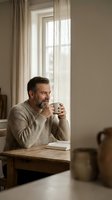 Middle-aged man with dark hair and beard, Caucasian ethnicity, sitting at wooden table holding warm beverage while gazing thoughtfully out window with sheer curtains. Contemplative mood.