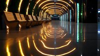 Futuristic tunnel with glowing orange circular arches and reflective floor creating sci-fi corridor atmosphere for technology and space concepts.