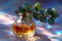 Round glass bottle with golden liquid and fresh eucalyptus branch against blurred blue background with sunlight reflections and shadows creating magical mood.