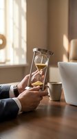 Businessman hands holding hourglass at office desk with laptop and coffee cup in warm natural light representing time management and productivity concepts.