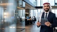 Middle Eastern male professional in formal business attire with traditional headwear, holding tablet in modern corporate office environment with glass partitions and colleagues working in background.
