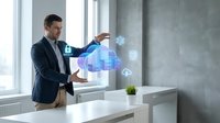 Professional businessman interacting with holographic digital interface displaying cloud computing and data analytics in modern office environment.