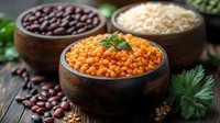 Raw red lentils, black beans and rice in wooden bowls on rustic table with fresh herbs. Healthy vegan protein sources and organic ingredients for cooking.