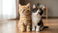 Two adorable kittens sitting together on wooden floor in cozy home interior. Orange tabby and black white kitten pair for pet adoption campaigns.