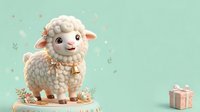 Cute fluffy lamb with white wool and pink ears wearing golden bell collar standing on pastel mint background with gift box, ideal for children's designs.