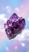 Purple amethyst crystal cluster floating against dreamy pastel sky with soft bokeh lights for spiritual healing and meditation practices.