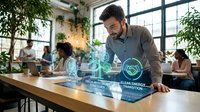 Young businessman analyzing holographic sustainability data and green energy charts on digital tablet in modern eco-friendly office workspace.