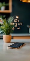 Glowing smart home icons floating above smartphone on desk with potted plant, illustrating connected home automation and mobile app control technology.