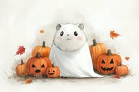 Cute hamster dressed as ghost with carved pumpkins and falling autumn maple leaves on light background, seasonal halloween illustration in soft watercolor style.