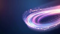 Glowing curved light trail with sparkling particles in purple and blue colors against dark background creates magical energy flow effect.