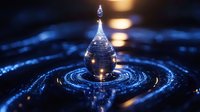 Glowing magical water drop with light ripples creating spiral patterns on dark blue surface, mystical liquid photography with bokeh effects and reflections.