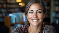 Professional businesswoman with gray hair smiling confidently in modern office environment with bookshelf background for corporate presentations.