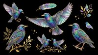Iridescent starling birds clipart set isolated on transparent background, ready for t-shirt design, stickers, sublimation, and print on demand projects.