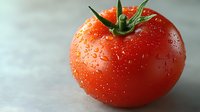 Fresh ripe tomato with water drops and green stem on light background, macro shot showing texture and natural moisture for food photography.