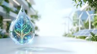 Young green plant with digital circuit pattern inside water droplet on blurred eco-friendly urban background with wind turbines, representing sustainable technology and environmental innovation.