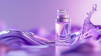 Luxurious perfume bottle with dynamic purple water splash and waves on violet background, elegant cosmetic product photography for beauty advertising.