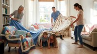 Multi-generational family making bed together in bright bedroom. Grandmother, father and mother cooperating in household chores while children play underneath.