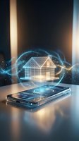 Smart home technology concept with holographic house model floating above smartphone screen surrounded by glowing digital particles and energy waves.