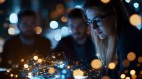 Young blonde woman with glasses working on laptop at night with glowing digital particles and bokeh lights creating futuristic technology atmosphere for business concepts.