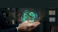 Businessman holding glowing green holographic sphere with molecular structure in modern office environment for technology and innovation concepts.