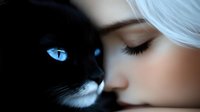 Young woman with white hair gently nuzzling black and white cat with striking blue eyes in intimate bonding moment for pet care and companionship concepts.