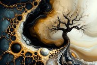 Abstract fluid art with dark tree silhouette against swirling gold, black and blue marble texture background featuring organic cellular patterns and ethereal smoke effects.