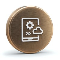 Bronze metallic coin with cloud computing and mobile device settings icon on white background for technology and digital service concepts.
