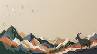 Mountain landscape with silhouetted peaks in earthy tones, crescent moons and stars scattered across warm beige sky, featuring a goat on hillside. Suitable for nature backgrounds and design projects.