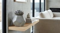 Modern minimalist living room interior with geometric concrete planter, succulent plant, neutral sofa and industrial black metal shelving for home decor.