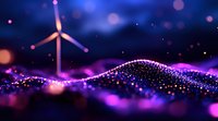 Wind turbine on magical glowing landscape with purple and blue bokeh lights, sparkling particles creating flowing waves against dark night sky background.