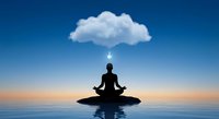 Person meditating in lotus position on water surface at sunset with glowing cloud above symbolizing mindfulness and spiritual enlightenment concept.