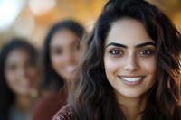 Young South Asian woman with radiant smile and wavy dark hair wearing burgundy sweater, natural makeup, with blurred female friends in background. Warm autumn lighting.