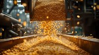Fresh roasted coffee beans cascading from industrial roaster into cooling tray, creating dynamic motion with warm golden tones and bokeh lighting effects in background.