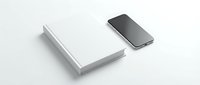 White blank book cover mockup with smartphone on clean background for branding and design presentation projects.