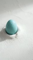 Single speckled turquoise egg on white textured surface with soft natural lighting for Easter spring holiday decorations and seasonal design projects.