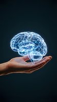 Glowing holographic brain floating above open palm representing artificial intelligence, neuroscience research, mental health awareness and cognitive science concepts.