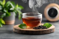 Glass cup of hot steaming black tea on wooden coaster with fresh mint leaves and loose tea leaves, green plant in ceramic pot on dark background.
