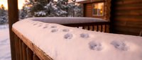 Animal paw prints in fresh snow on wooden railing with snowy cabin and forest background, winter wildlife tracking.