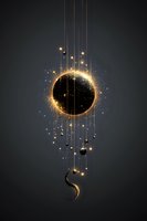 Mystical solar eclipse with glowing golden light rays and hanging celestial elements creating magical astronomical composition against dark background.
