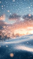 Magical winter sunset sky with falling snow and glowing snowflakes against orange clouds, creating dreamy atmosphere over sparkling snow surface.